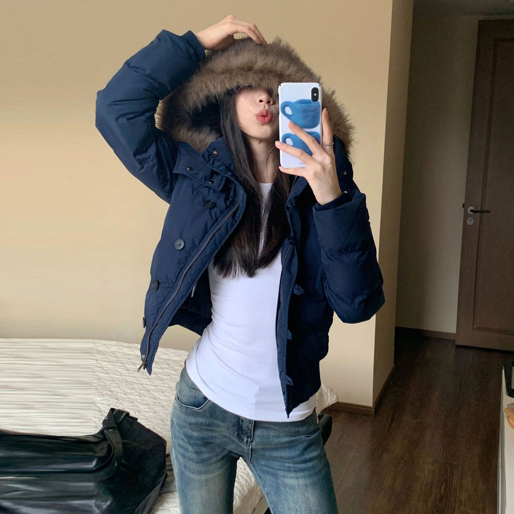 Women's Cotton-Padded Winter Jacket - Thick Hooded Puffer Coat with Pockets, Cream, Navy, Black or Pink, S-2XL - Amora