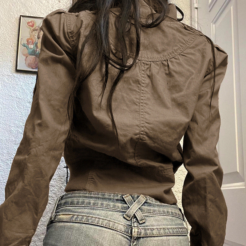 Women's Faux Leather Jacket - Cropped High Neck Zip-Up Moto Jacket, Vintage Brown, S-L - Amora