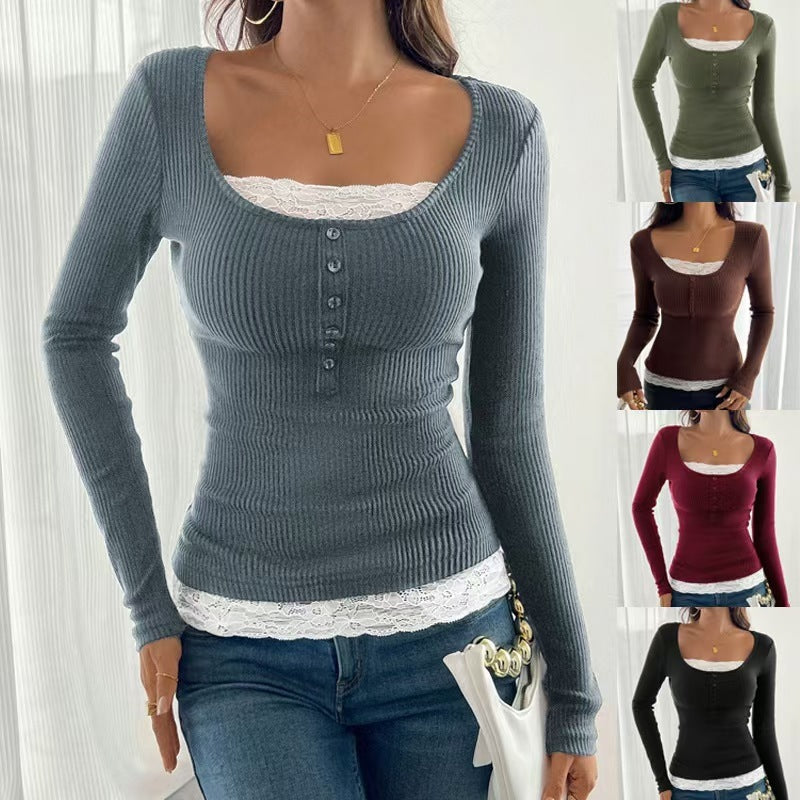 Women's Square Neck Lace Blouse - Lace-Up Slim Fit Long Sleeve Top, Five Colours, S-XXL - Amora