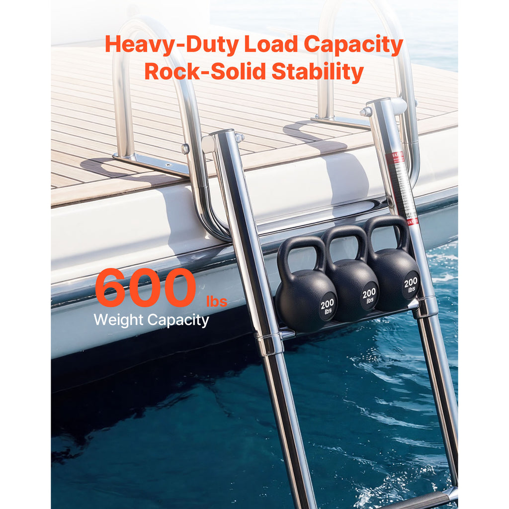 Boat Ladder, 4 Steps, Stainless Steel Telescoping Folding Swim Deck Ladder for Rear Entry Inboard, 600 Lbs Capacity with Wide Anti-Slip Steps & Handrails, for Outboards, Yacht, Pontoon Boats