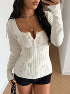 Women's Cable Knit Square Neck Sweater - Slim Fit Long Sleeve Pullover, White, Red, Black or Grey, S-XL - Amora
