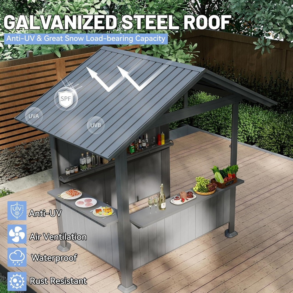 9.4X6.2 FT Hardtop Grill Gazebo, Gable Outdoor Grill Gazebo with Storage Shelves & Resin Shade System, Galvanized Steel Metal Hard Top Gazebo for Patio Garden -Grey