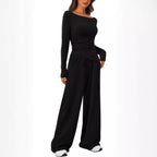 Women's Two Piece Set - Asymmetric Long Sleeve Top and Wide Leg Trousers, Eight Colours, XS-XL - Amora