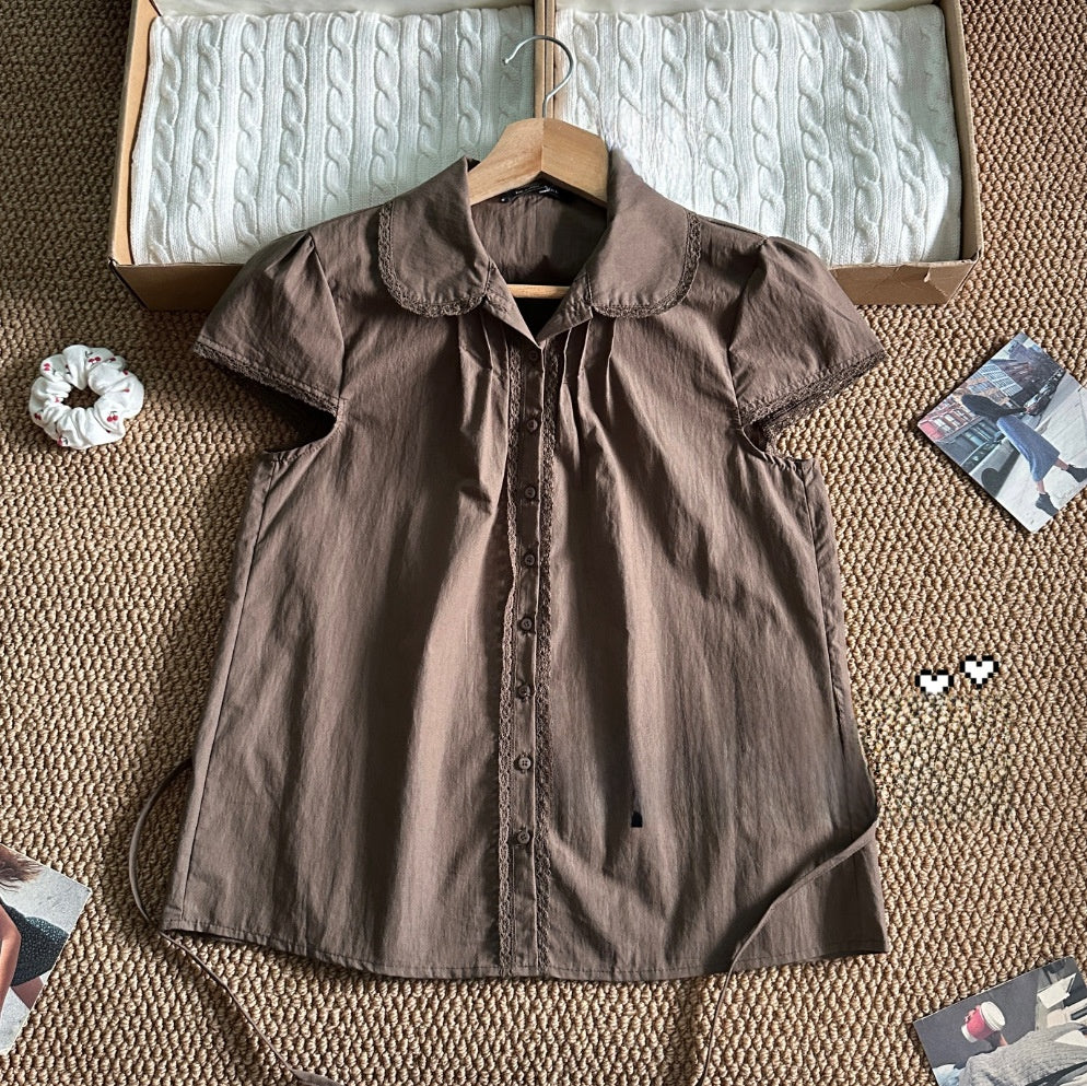 Women's Doll Collar Lace Trim Top - Cropped Short Sleeve Cotton Blouse, Brown or Beige, One Size - Amora