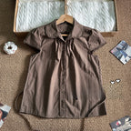 Women's Doll Collar Lace Trim Top - Cropped Short Sleeve Cotton Blouse, Brown or Beige, One Size - Amora