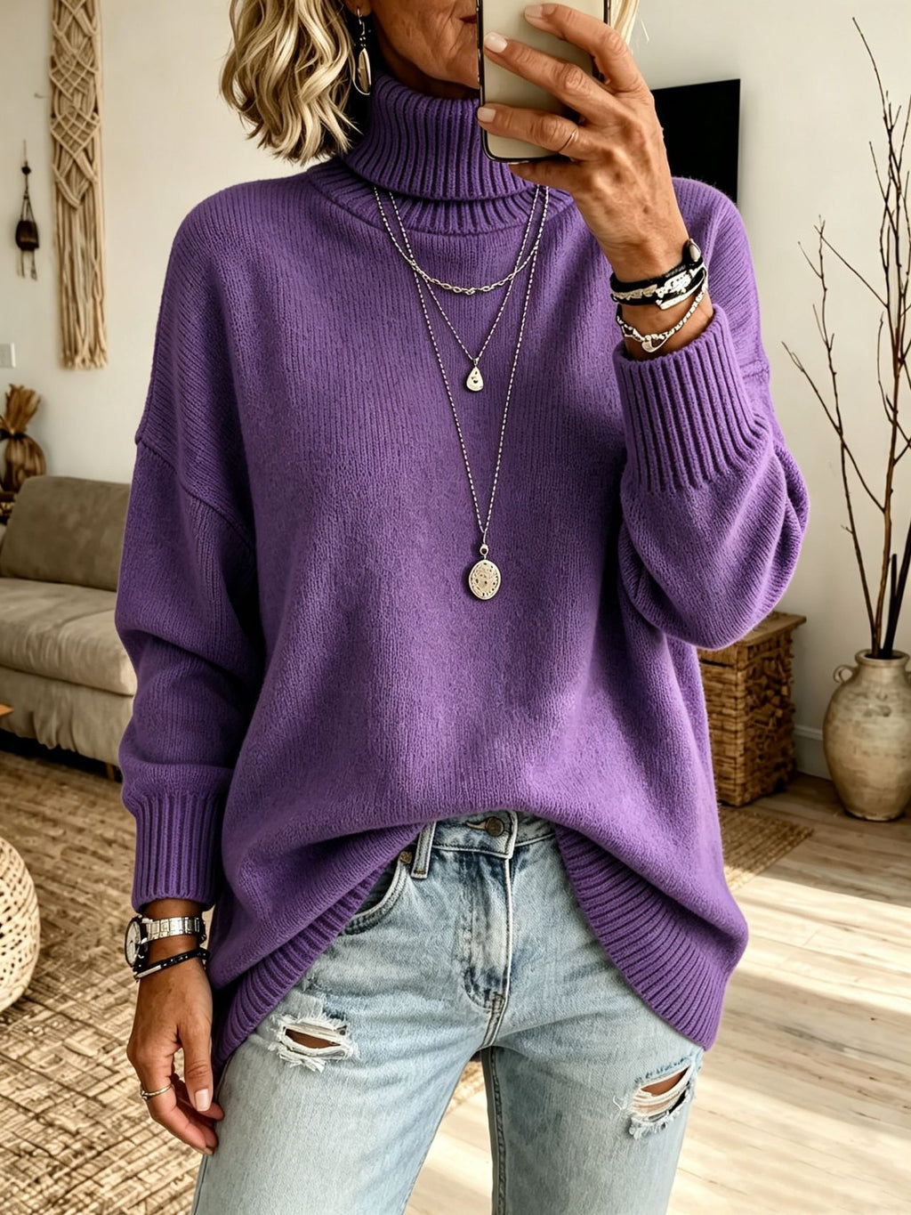 Women's High Neck Knit Sweater - Thick Loose Fit Pullover, Black, Grey & Emerald, S-3XL - Amora