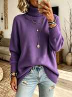 Women's High Neck Knit Sweater - Thick Loose Fit Pullover, Black, Grey & Emerald, S-3XL - Amora