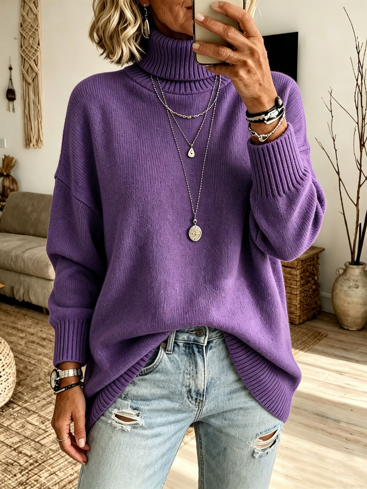 Women's High Neck Knit Sweater - Thick Loose Fit Pullover, Black, Grey & Emerald, S-3XL - Amora