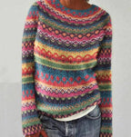 Women's Colourblock Jacquard Knit Sweater - Geometric Pattern Round Neck Pullover, Loose Fit, S-5XL - Amora