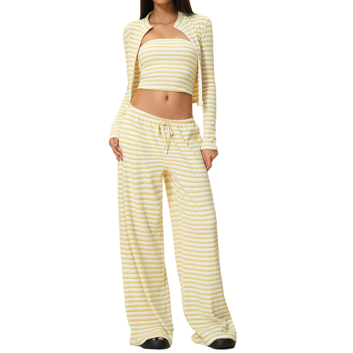 Women's Yoga Set - Contrast Stripe Top and Wide Leg Trousers, Five Colourways, S-XL - Amora