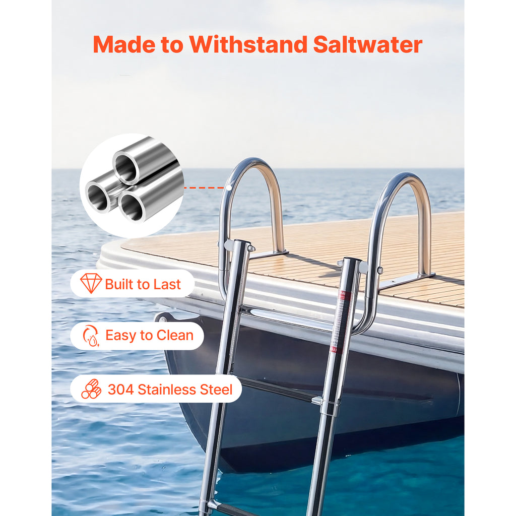 Boat Ladder, 4 Steps, Stainless Steel Telescoping Folding Swim Deck Ladder for Rear Entry Inboard, 600 Lbs Capacity with Wide Anti-Slip Steps & Handrails, for Outboards, Yacht, Pontoon Boats