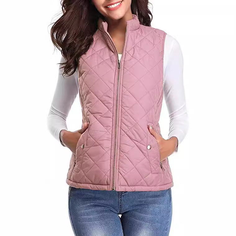 Women's Quilted Stand Collar Vest - Padded Zip-Up Gilet with Flap Pockets, Fifteen Colours, S-XXL - Amora
