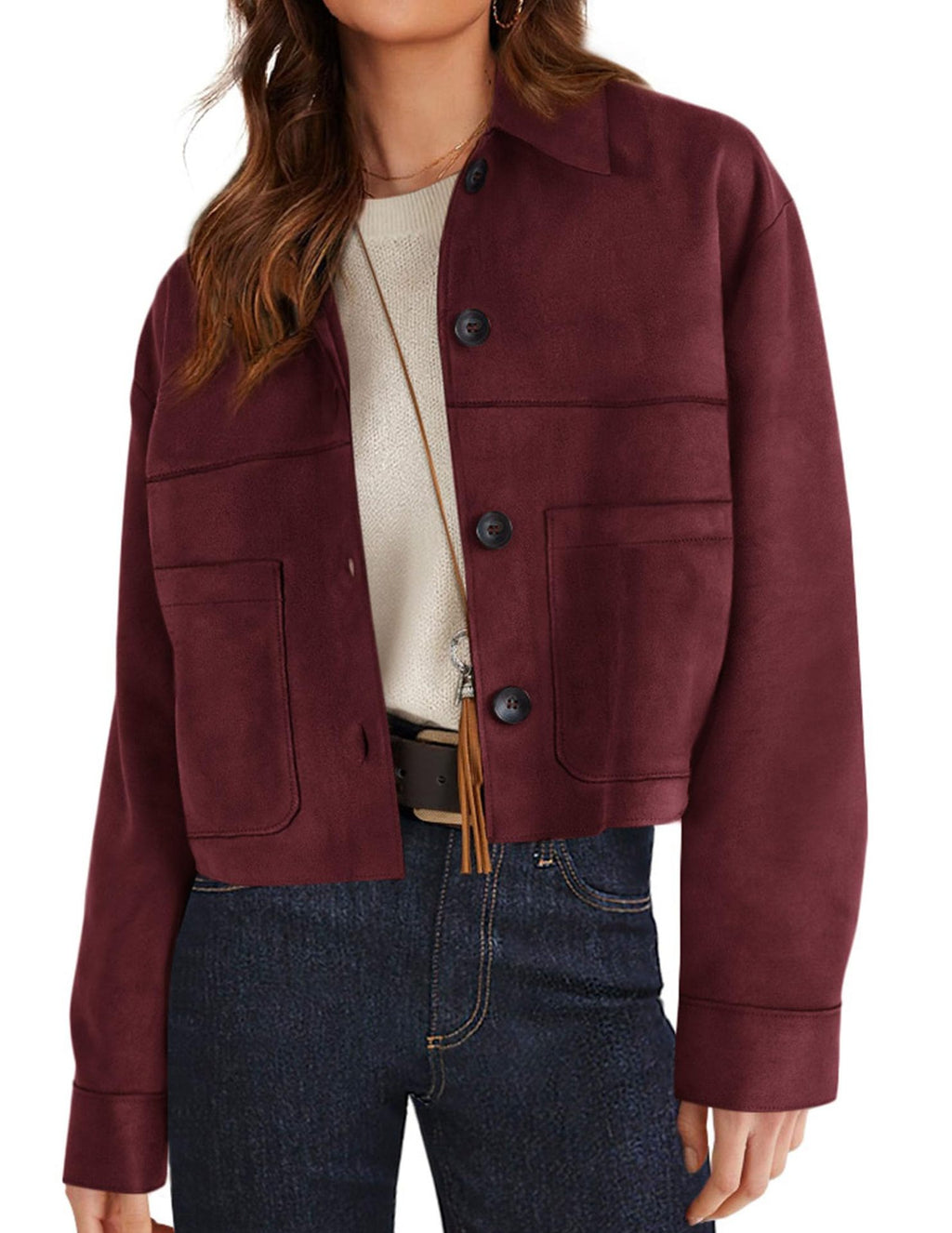 Women's Faux Suede Short Jacket - Lightweight Cropped Autumn Jacket, Eight Colours, S-XXL - Amora
