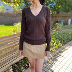 Women's Cotton Cable Knit V-Neck Sweater - Ribbed Cuff Pullover, Dark Brown or Haze Blue, One Size - Amora