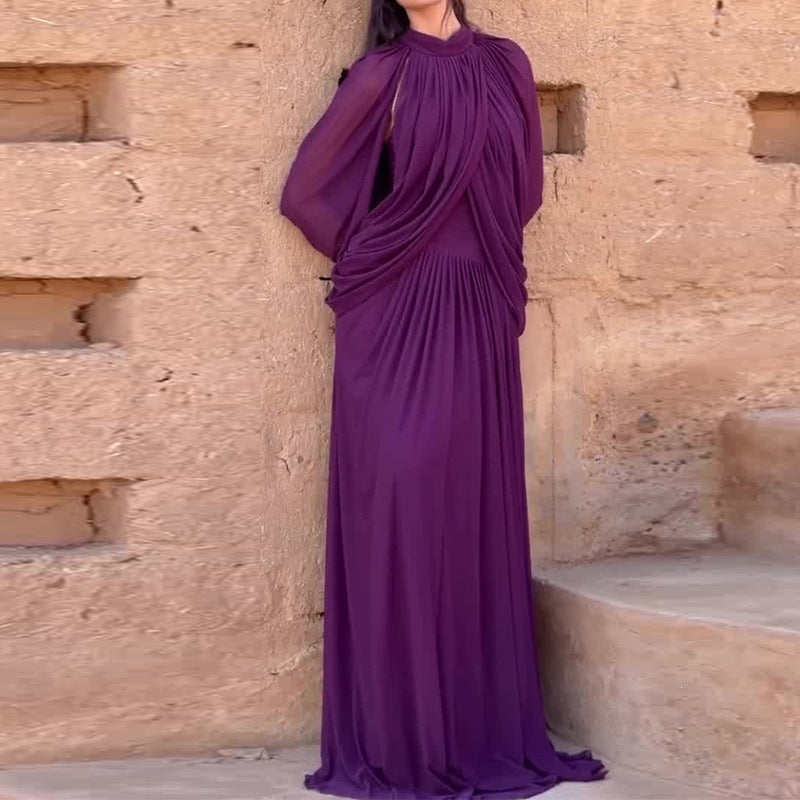 Women's Chiffon Maxi Dress - Pleated Round Neck Sleeveless Dress, Six Colours, XS-3XL - Amora