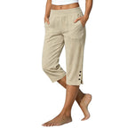 Women's Cotton Linen Cropped Trousers - High Waist Loose Fit Pants with Pockets, Six Colours, XS-5XL - Amora
