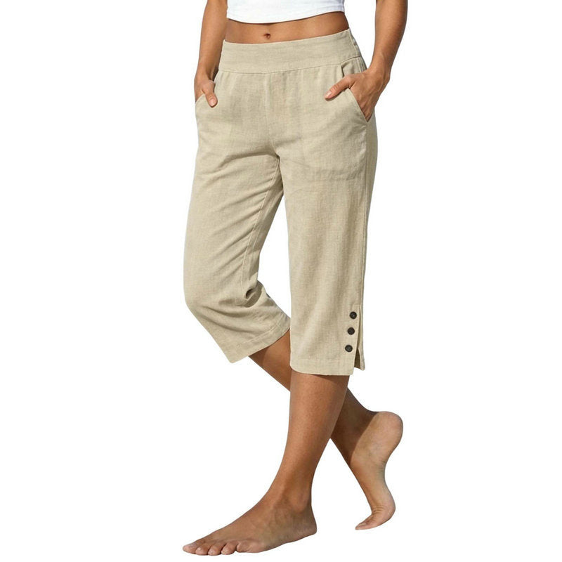 Women's Cotton Linen Cropped Trousers - High Waist Loose Fit Pants with Pockets, Six Colours, XS-5XL - Amora