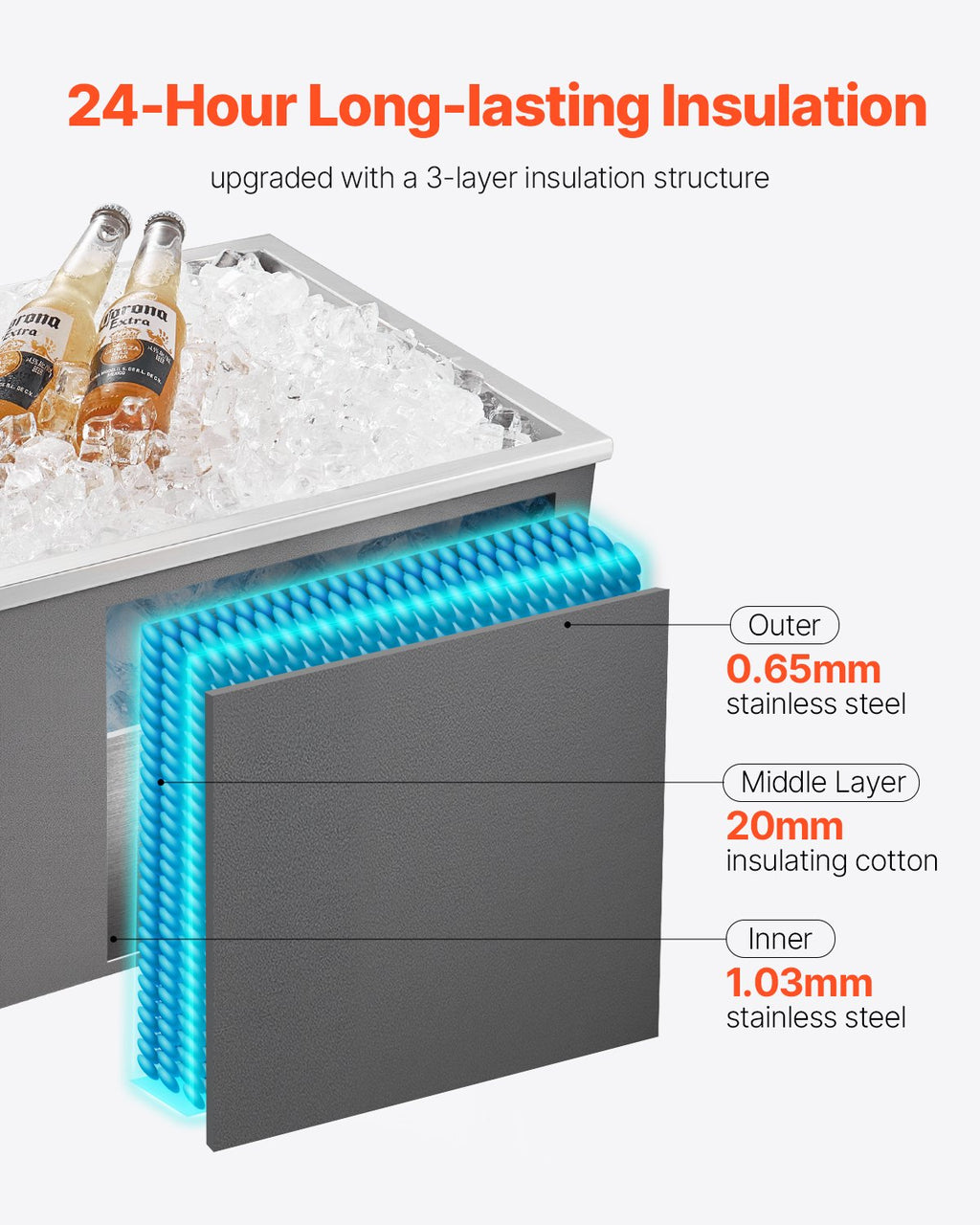 45.3 Qt Drop in Ice Chest Ice Cooler Ice Bin Stainless Steel 22'X17'X12'