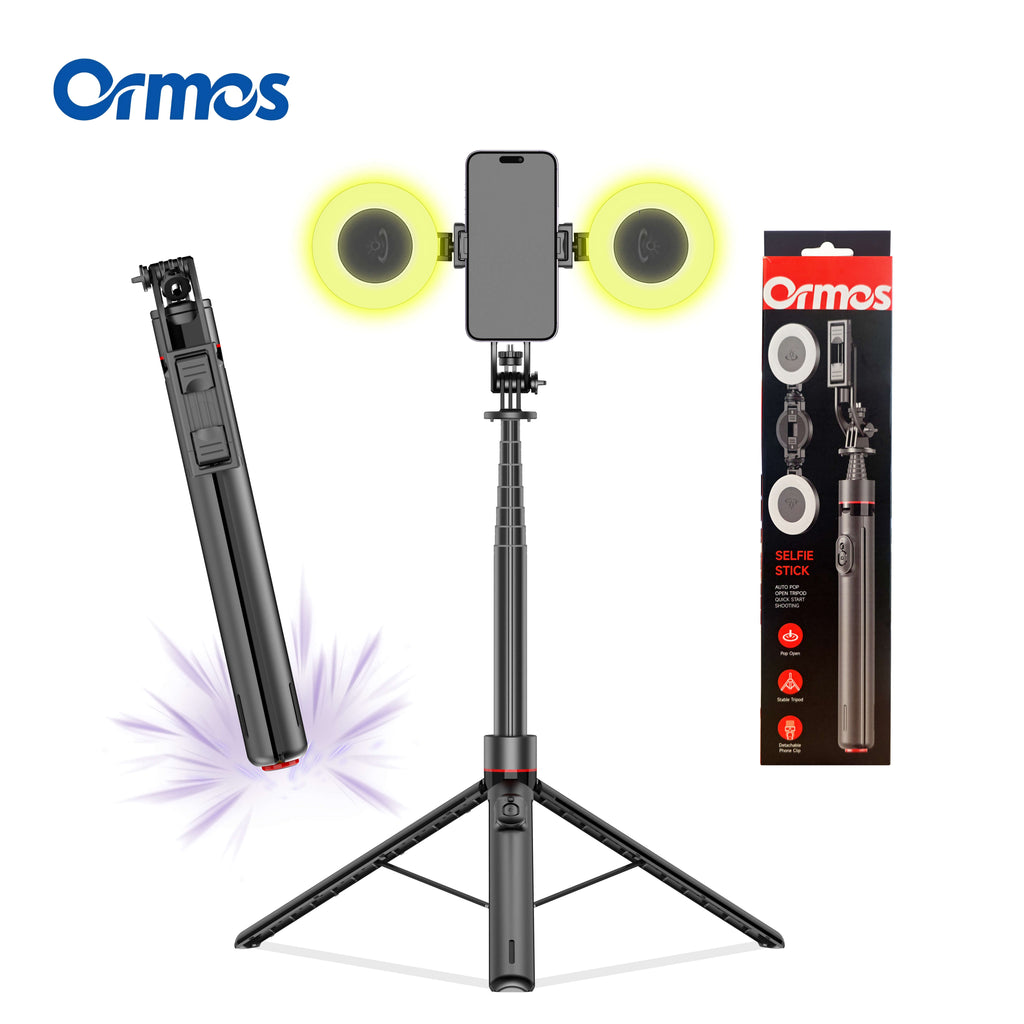 Selfie Stick Tripod with Fill Light, Extendable Phone Stand with Wireless Remote, Universal Compatible for Smartphones, Portable for Travel & Video Recording