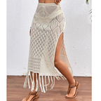 Women's Fringed Skirt - High Slit Tassel Trim Skirt, Black, White or Apricot, S-L - Amora