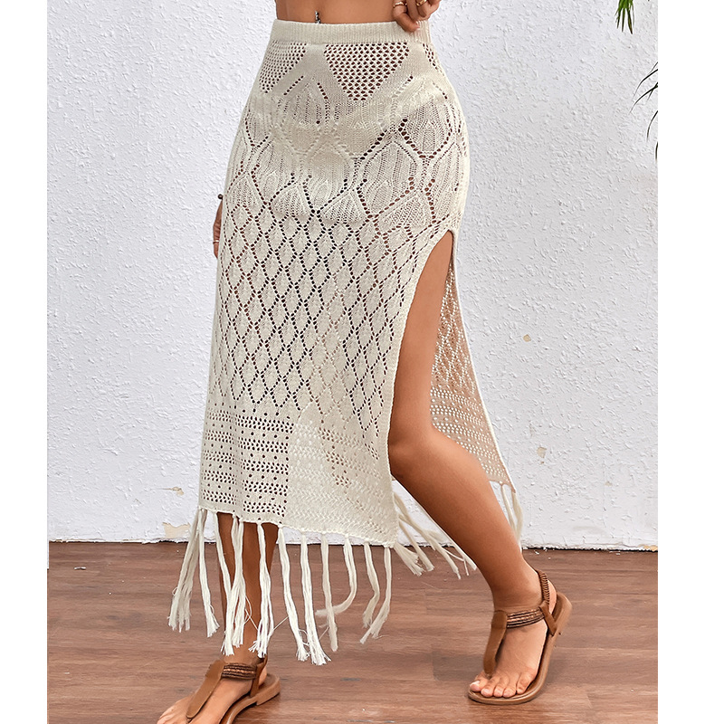 Women's Fringed Skirt - High Slit Tassel Trim Skirt, Black, White or Apricot, S-L - Amora