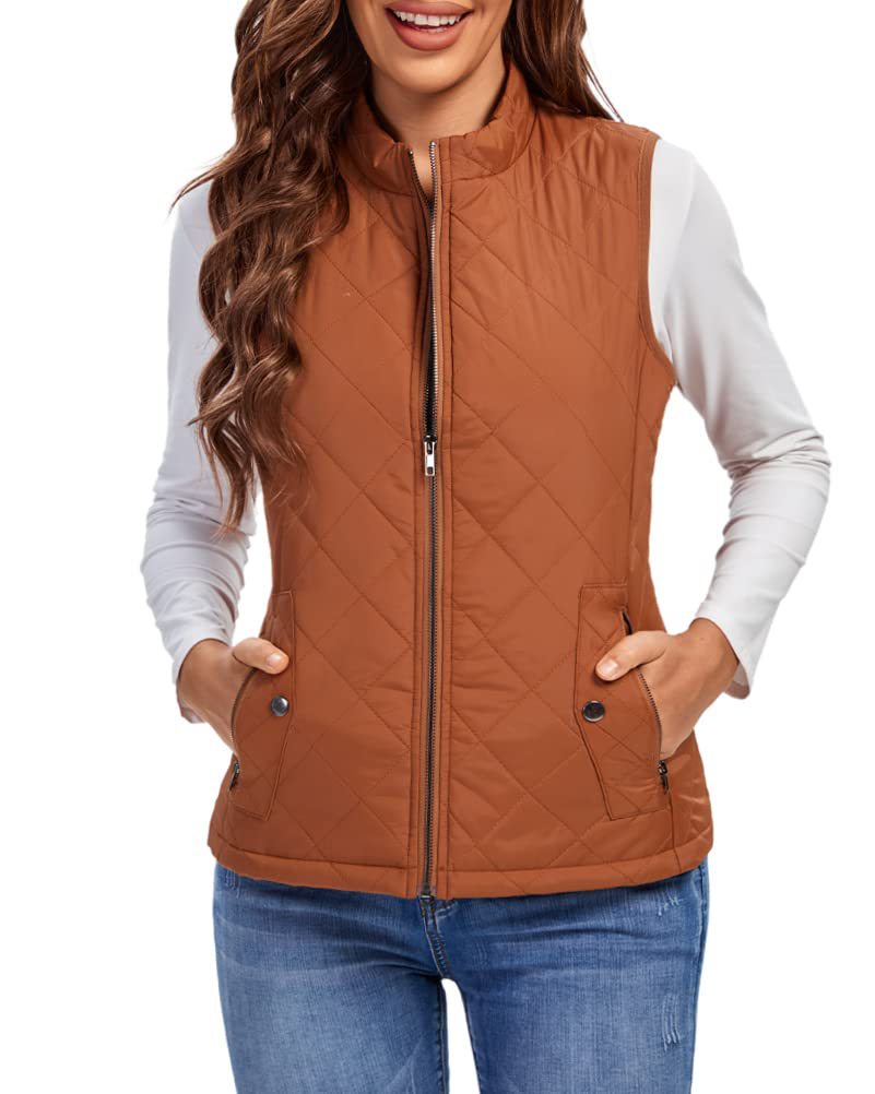 Women's Quilted Stand Collar Vest - Padded Zip-Up Gilet with Flap Pockets, Fifteen Colours, S-XXL - Amora