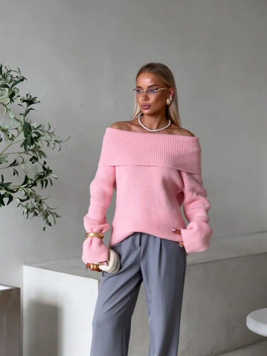 Women's Off-Shoulder Knit Sweater - Thick Lapel Collar Pullover, Seven Colours, One Size - Amora
