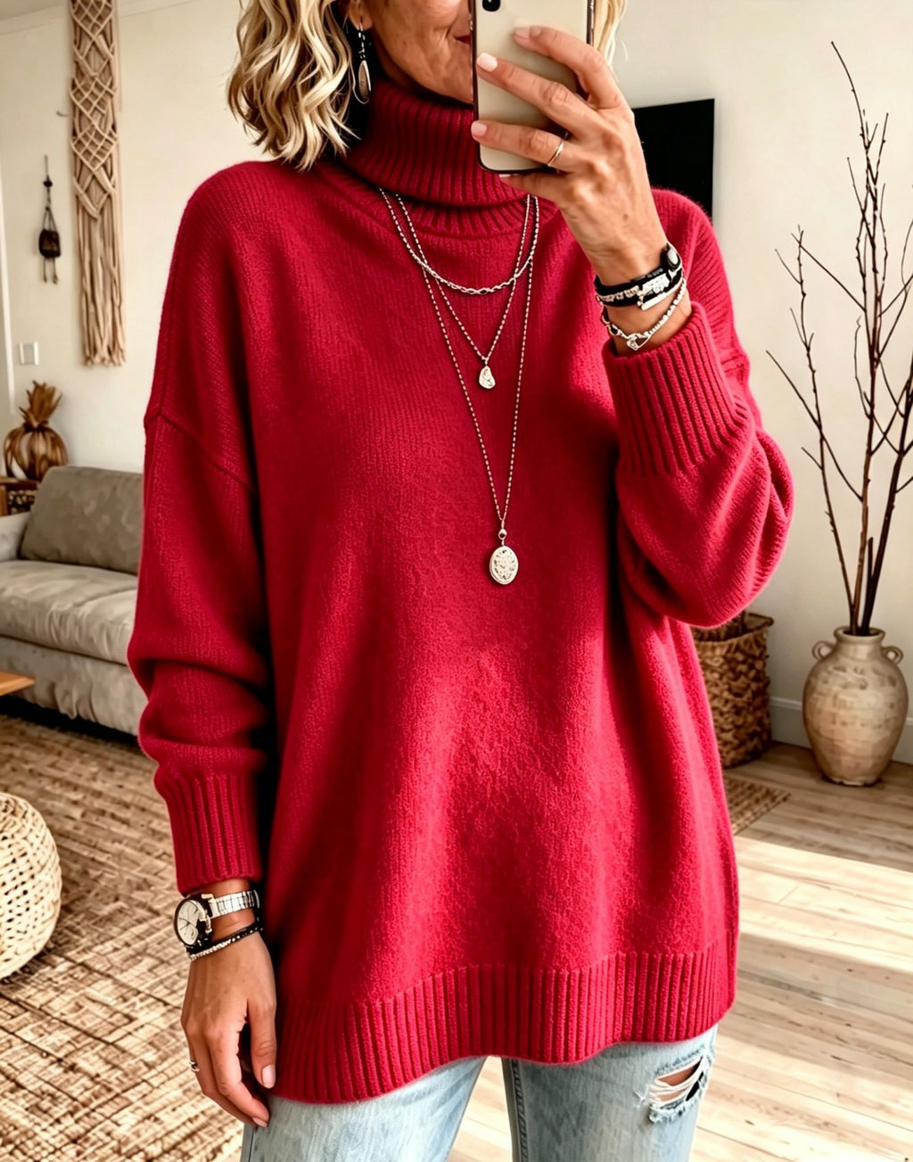 Women's High Neck Knit Sweater - Thick Loose Fit Pullover, Black, Grey & Emerald, S-3XL - Amora