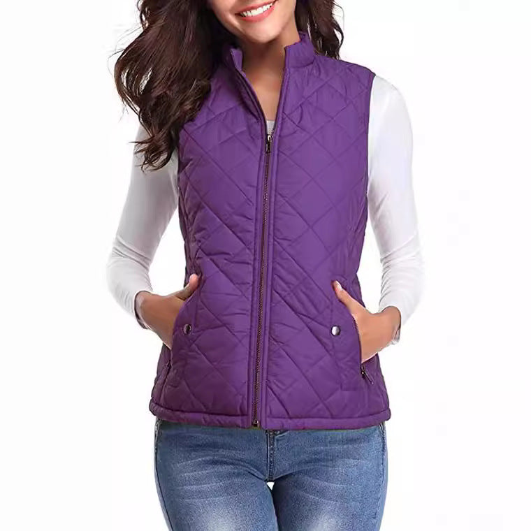 Women's Quilted Stand Collar Vest - Padded Zip-Up Gilet with Flap Pockets, Fifteen Colours, S-XXL - Amora