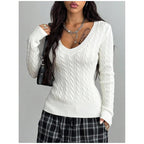 Women's Cable Knit V-Neck Sweater - Slim Fit Pullover, Soft Textured Knit, Black, White & Grey, S-XL - Amora