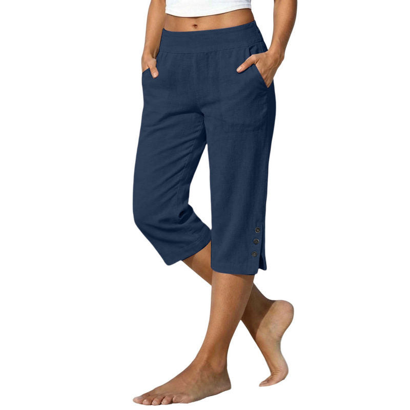 Women's Cotton Linen Cropped Trousers - High Waist Loose Fit Pants with Pockets, Six Colours, XS-5XL - Amora