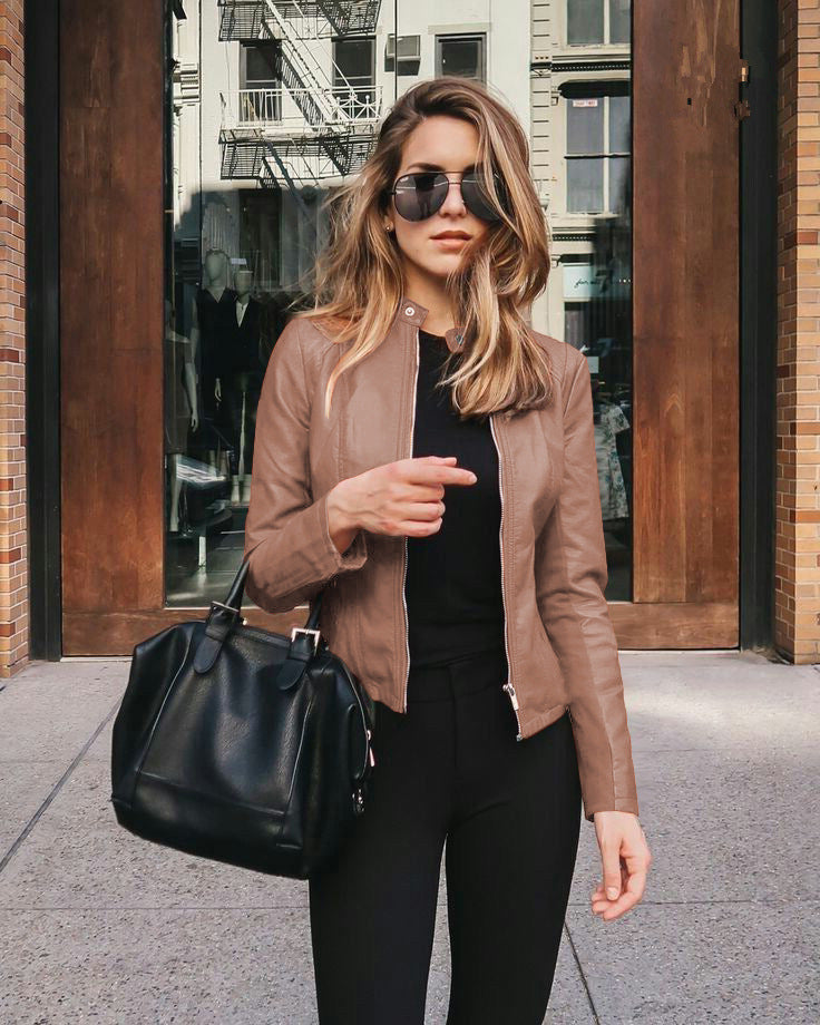 Women's Faux Leather Jacket - PU Stand Collar Slim Fit Blazer Jacket, Twelve Colours, S-5XL - Amora