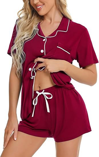 Women's Lapel Pyjama Set - Short Sleeve Top and Shorts Loungewear, Thirteen Patterns, XS-3XL - Amora
