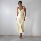 Women's Satin Slip Dress - Backless Strappy Maxi Dress, Light Blue, Pink, Yellow or Olive, S-XL - Amora