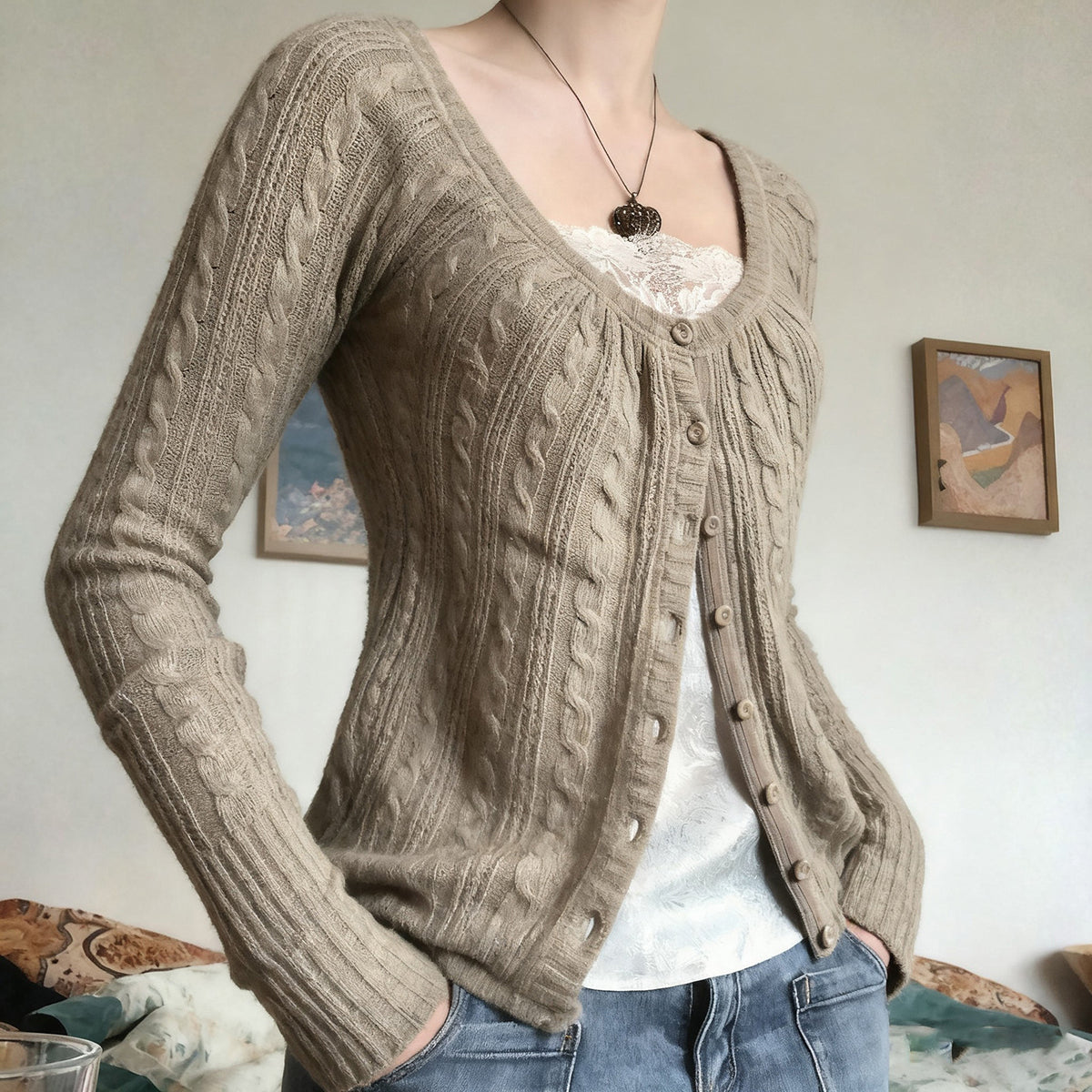 Women's Twist Knit Button Cardigan - Slim Fit U-Neck Sweater, Khaki, S-M - Amora