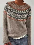 Women's Colourblock Jacquard Knit Sweater - Geometric Pattern Round Neck Pullover, Loose Fit, S-5XL - Amora