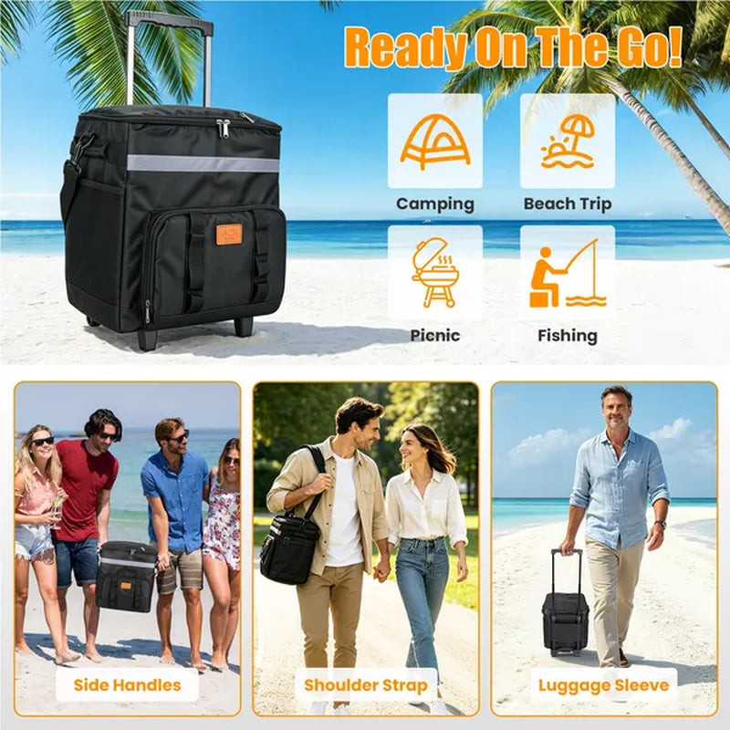 35L Rolling Cooler Bag 2-In-1 Insulated Lunch Backpack with Telescopic Handle Wheels Adjustable Shoulder Strap Portable Thermal Cooler Bag for Camping Picnic Beach Fishing