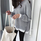 Women's Fleece-Lined Knit Sweater - Faux Two-Piece Layered Pullover, Loose Fit, Black, Wine Red or Grey - Amora
