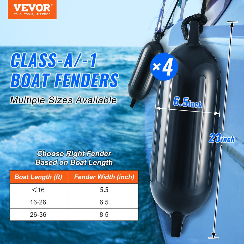 Boat Fenders, 6.5" X 23" Boat Bumpers for Docking, Inflatable Ribbed Fender with Center Holes, Marine Boat Dock Fender Bumper with Air Pump, 4 Needles and 4 Ropes and Storage Bag, Black