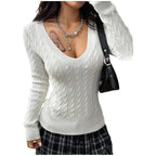 Women's Cable Knit V-Neck Sweater - Slim Fit Pullover, Soft Textured Knit, Black, White & Grey, S-XL - Amora