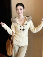 Women's Hooded Knit Sweater - Retro Waist-Cinching Stretch Knit Pullover, Off-White, S-XL - Amora