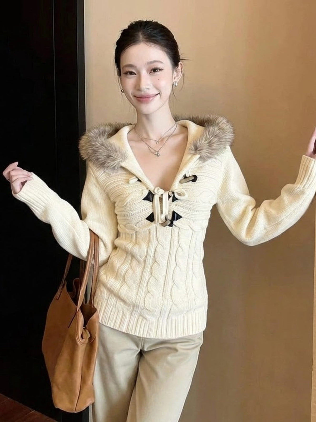 Women's Hooded Knit Sweater - Retro Waist-Cinching Stretch Knit Pullover, Off-White, S-XL - Amora