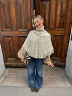 Women's Tassel Edge Knit Sweater - High Shawl Collar Slim Fit Top, Viscose Nylon Blend, Cream, S-L - Amora