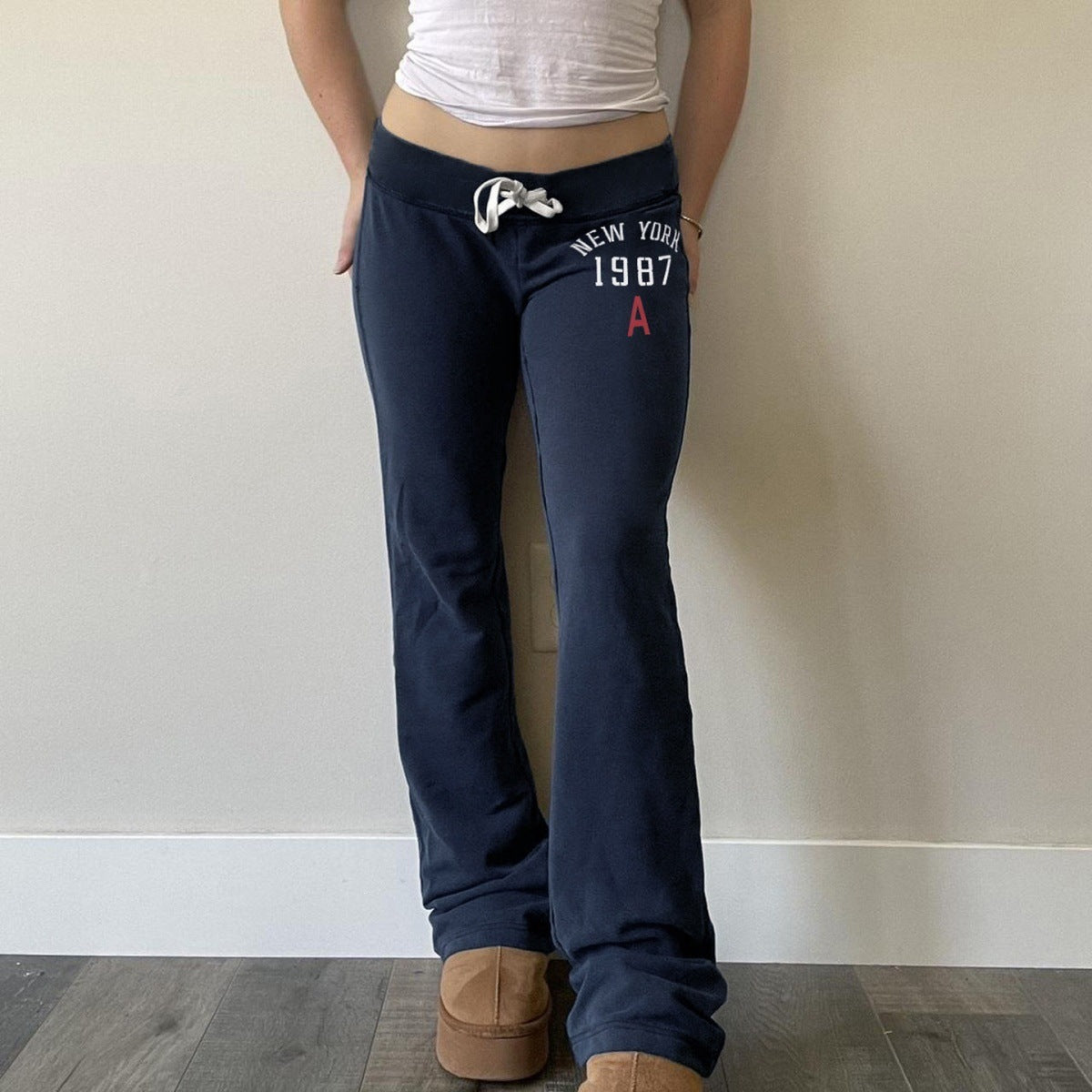 Women's Low Rise Flared Trousers - Lace-Up Front Stretch Pants, Grey or Dark Blue, S-XL - Amora