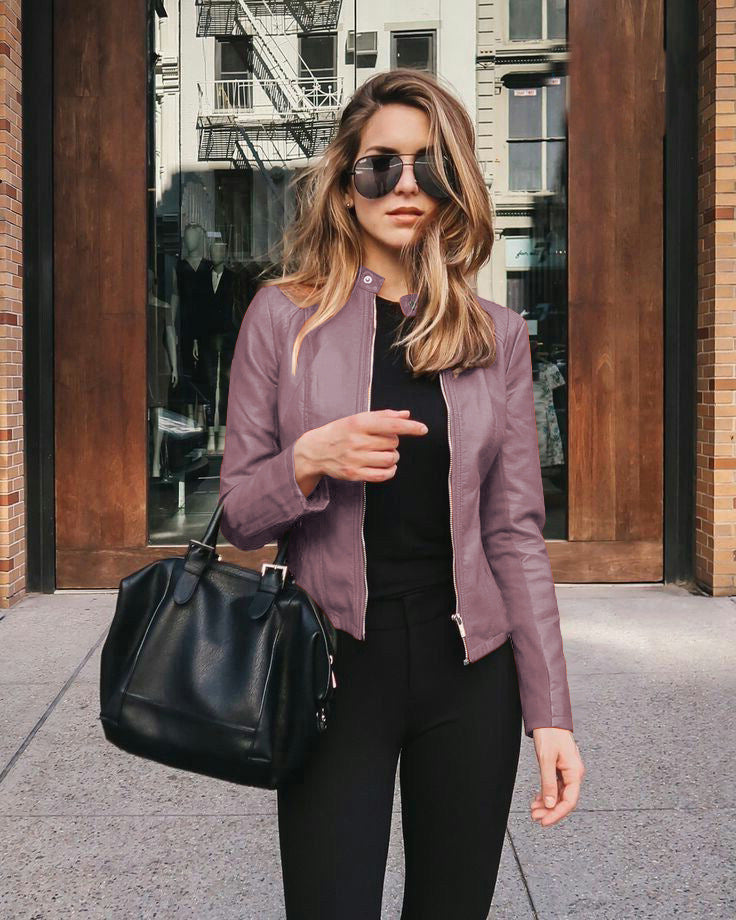 Women's Faux Leather Jacket - PU Stand Collar Slim Fit Blazer Jacket, Twelve Colours, S-5XL - Amora