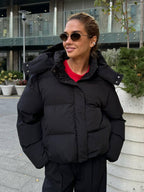 Women's Hooded Padded Jacket - Thick Zip-Up Winter Puffer Coat, Black or Dark Grey, S-L - Amora