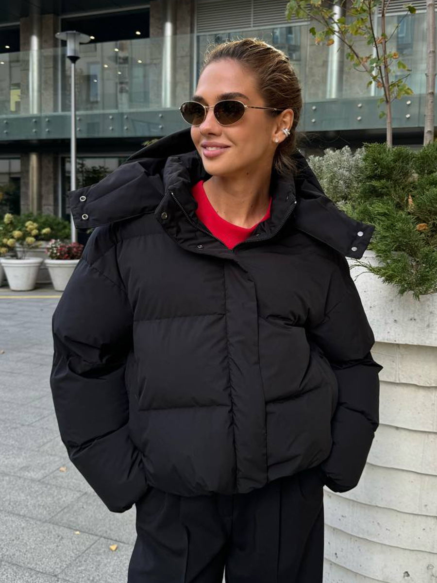 Women's Hooded Padded Jacket - Thick Zip-Up Winter Puffer Coat, Black or Dark Grey, S-L - Amora