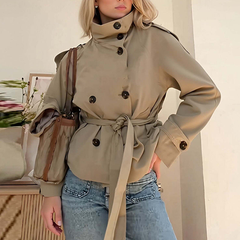 Women's Short Trench Coat - Double-Breasted Lapel Coat, Loose Fit, Burgundy, Khaki & Green, S-3XL - Amora
