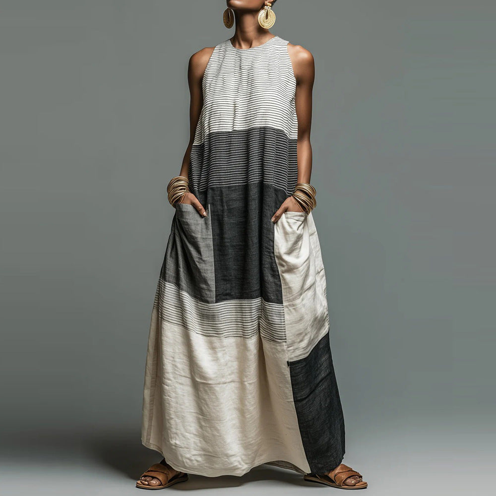 Women's Patchwork Maxi Dress - Sleeveless Colour-Block Loose Fit Dress, S-XXL - Amora