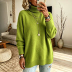 Women's High Neck Knit Sweater - Thick Loose Fit Pullover, Black, Grey & Emerald, S-3XL - Amora
